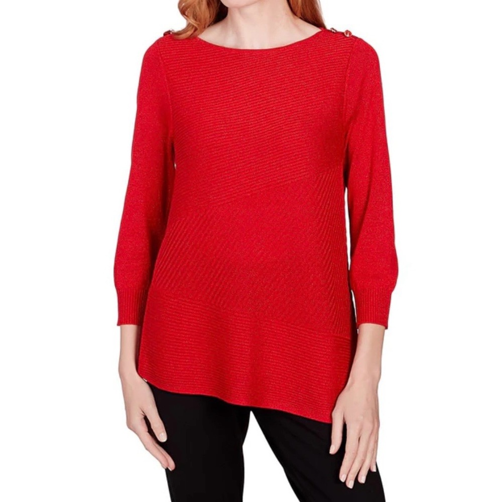Ruby Rd. Vibrant Red Knit Top 3X Shoulder Buttons Metallic Asymmetrical Hem NWOT